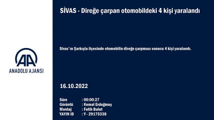 Sivas'ta direğe çarpan otomobildeki 4 kişi yaralandı