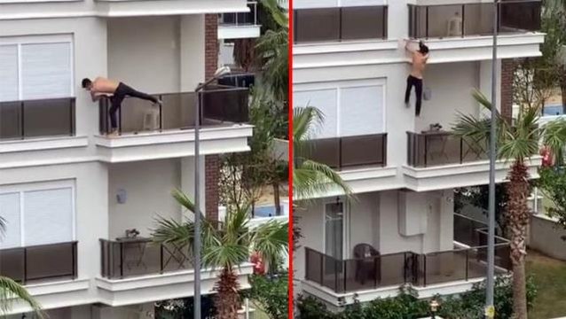 Yürekler ağza geldi! Psikolojik sorunlar yaşayan genç, balkondan balkona böyle sarktı