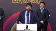 El presidente de Murcia, Fernando López Miras, este lunes, en la presentación de la candidatura para albergar la sede de la Agencia Espacial Española .