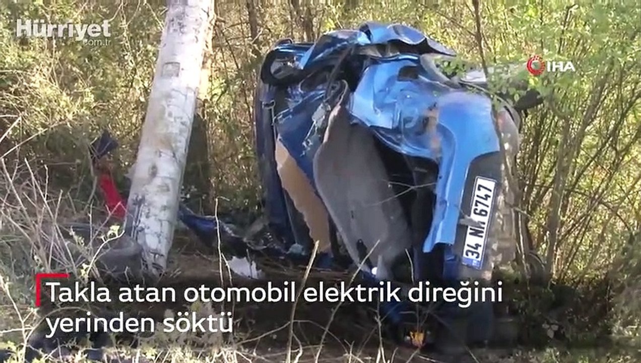 Takla atan otomobil elektrik direğini yerinden söktü