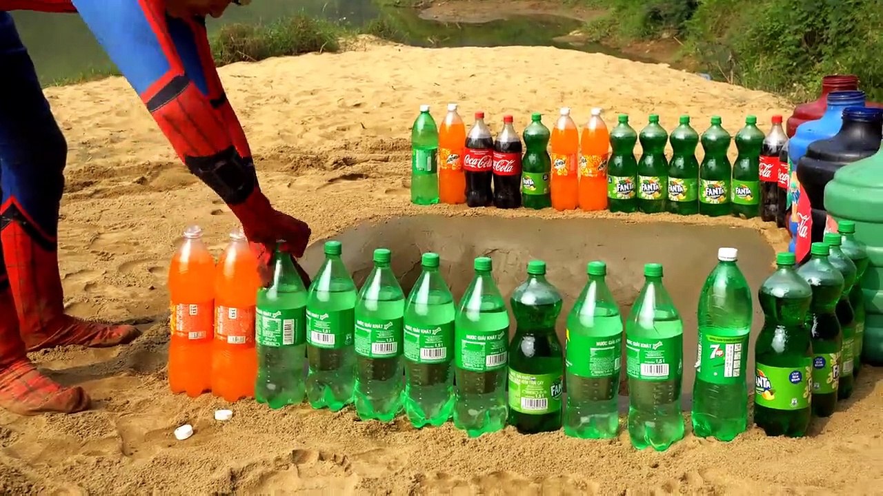 Spiderman Experiment_ Giant Coca Cola bottles, Pepsi, Sprite, Mirinda and Mentos Underground