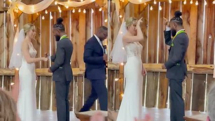 Merry couple does a cool handshake after being pronounced husband & wife