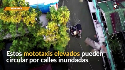 Con tiras de metal y tubos de acero, mototaxis elevan sus vehículos por las inundaciones
