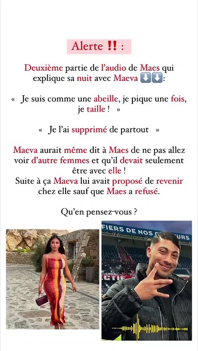 Maeva Ghennam maîtresse du rappeur Maes, qui est marié ? Un audio fuite : "Que Dieu me pardonne, mais j'étais obligé de terminer avec elle". La star des Cinquante aurait démenti la rumeur de coucherie.