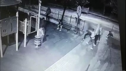 Parkta yaktıkları çöp kovasını tekmeleyerek yerinden söktüler