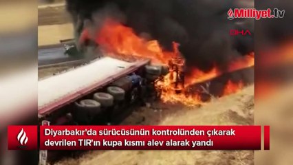 Devrilen TIR'ın kupa kısmı alev aldı
