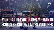 Mondial de l'Auto: des militants d'Extinction Rébellion se collent à des voitures de sport pour dénoncer le 