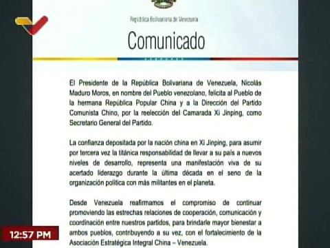 Venezuela felicita a Xi Jinping en su reelección como secretario general del Comité Central del PCCh