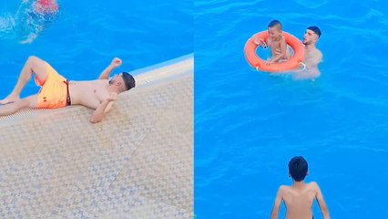 Man, chilling by the pool, HEROICALLY RUSHES to a drowning kid's rescue