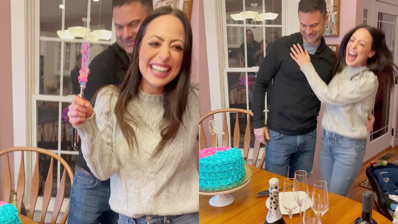 Mother-to-be reacts sky-high at gender reveal when cake turns pink from inside