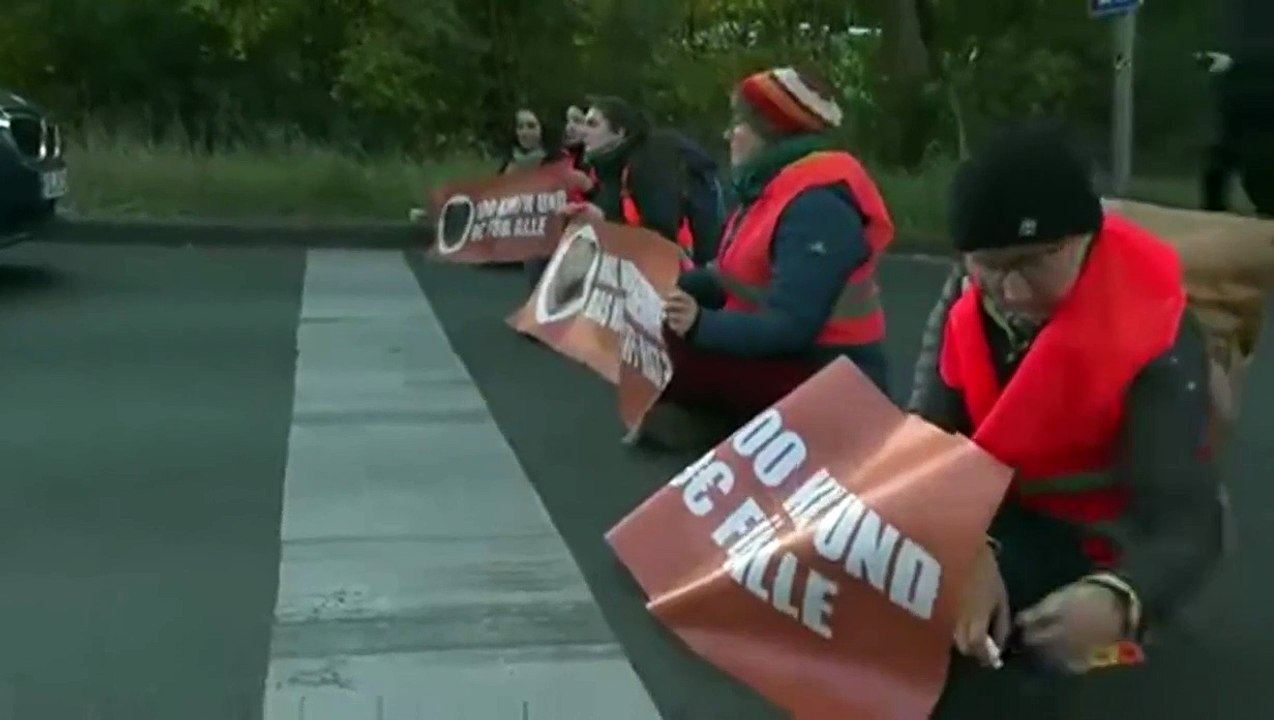 Une écologiste se colle la main à la route et jette le pot de colle dans l'égout