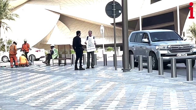 Peter Tatchell protests in Doha, Qatar, 26 Days from World Cup kick off