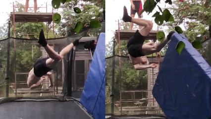 Boy's cool flip attempt gets messed up after friend drops crash mat on him