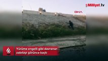 Yürüme engelli gibi davranan dilenci, zabıtayı görünce kaçtı