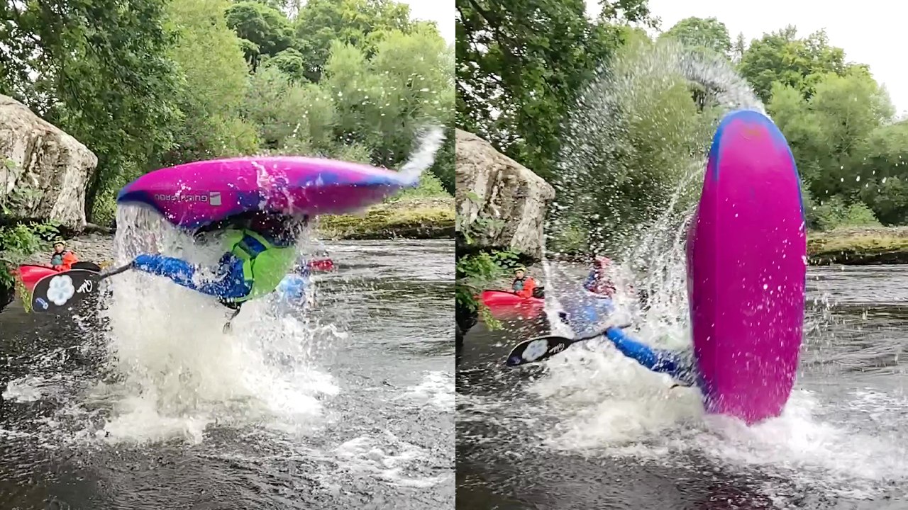 Kayaker dives into river and springs right back out to do a JAW-DROPPING aerial flip