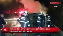 Takla atıp sürüklenen kamyonet yandı, sürücüyü polis kurtardı