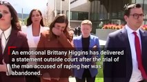 Brittany Higgins breaks down outside court after rape trial abandoned