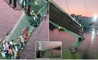 Indian bridge tragedy death toll rises to 120 lives after suspension bridge carrying 500 worshippers collapses into the river below during Diwali celebrations