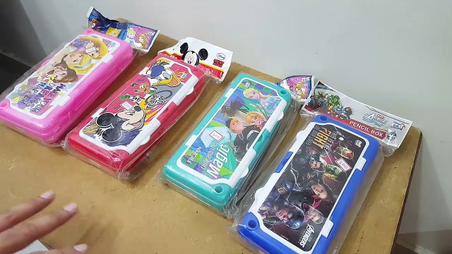 Grand Unboxing and review of SKI frozen, Avengers, barbie, mikey mouse plastic pencil boxes with whiteboard