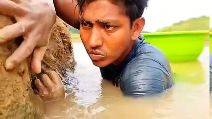 Download Video: Fishing in Amazing Daily Life. River in flow, dry hill beneath, giant fish stranded and capturing fish