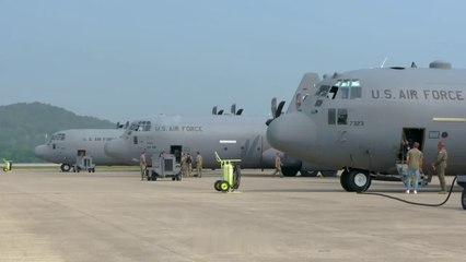 C-130 H3 Hercules and C-130J Super Hercules Aircraft Take Off (Simulated Medical Evacuation Mission)