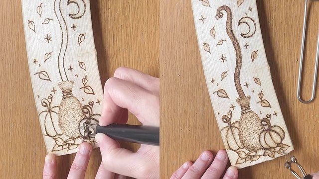 Talented pyrographer embraces autumn by woodburning a fresh broomstick/pumpkins design