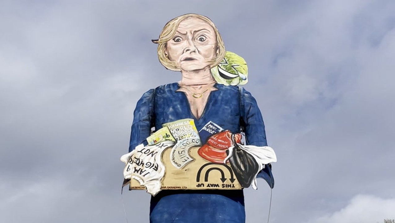 Liz Truss effigy with lettuce on shoulder made for bonfire night