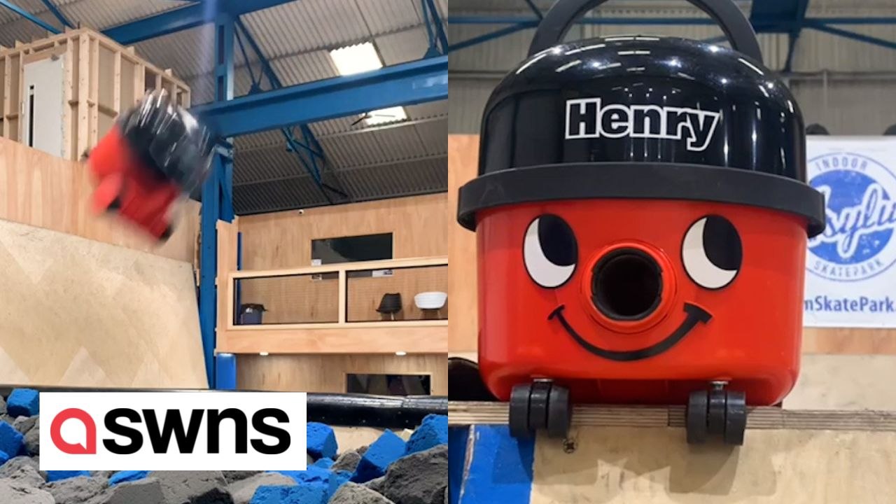 Funny footage shows Henry the Hoover testing out the ramps at a skate park and a fairground