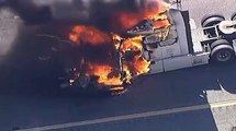 Now that's a hot pursuit! Stolen big rig burst into flames on California freeway after trying to OUTRUN cops