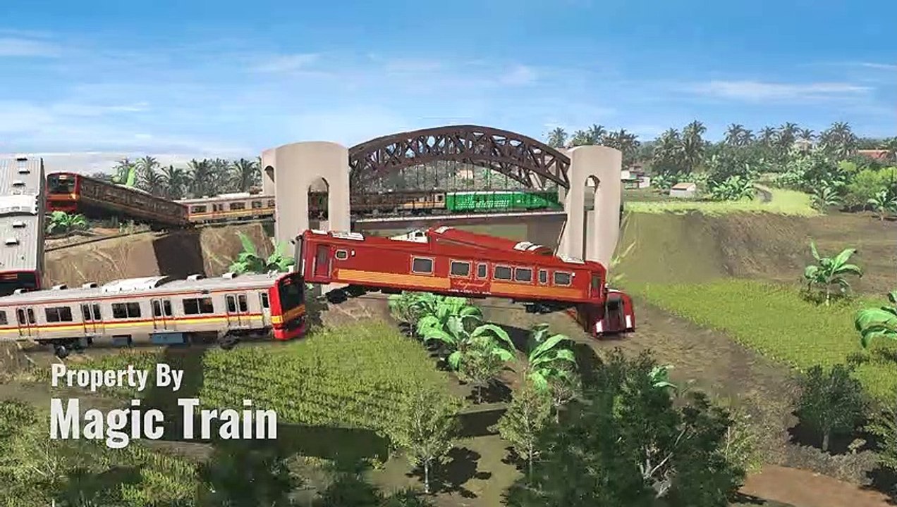 Flying Train Swerving Around Big Bridge