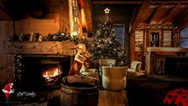 A rustic Christmas setting with a burning fireplace, Christmas tree and snowfall © Best Wishes