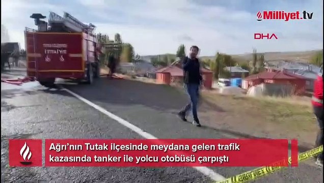 Ağrı'da kazaya karışan yolcu otobüsü, tanker ve TIR alev aldı