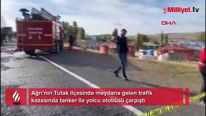 Ağrı'da kazaya karışan yolcu otobüsü, tanker ve TIR alev aldı