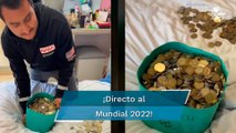 Joven ahorra miles de monedas de 5 y 10 pesos para ir al Mundial en Qatar