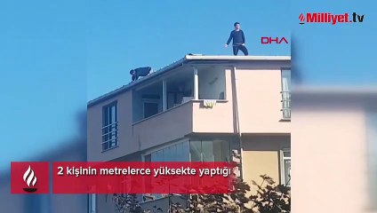 Sultangazi'de çatıda ipli tamir yürekleri ağza getirdi