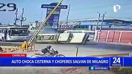 Conductores se salvaron de milagro: Auto choca con cisterna en Chincha