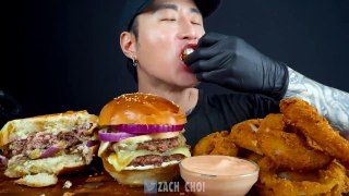 ASMR MUKBANG CHEESEBURGER MUSHROOM SWISS & ONION RINGS _ COOKING & EATING SOUNDS _ Zach Choi ASMR