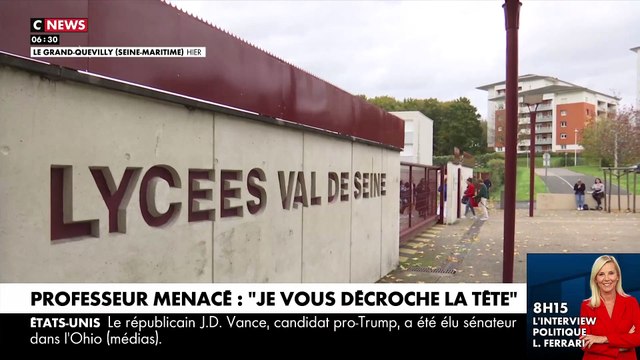 Le professeur menacé de mort par un parent d'élève près de Rouen témoigne pour la première fois sur CNews : Je ne me vois pas revenir dans cet établissement. Je ne veux pas être un deuxième Samuel Paty.