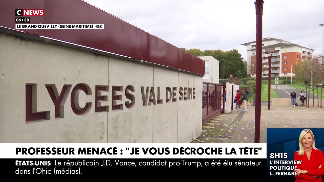 Le professeur menacé de mort par un parent d'élève près de Rouen témoigne pour la première fois sur CNews : "Je ne me vois pas revenir dans cet établissement. Je ne veux pas être un deuxième Samuel Paty."