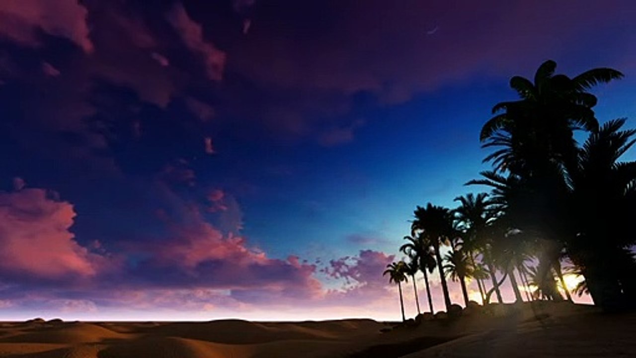 Matahari terbit mixkit-sunset-in-the-desert-on-the-shore-of-an-oasis-31525-medium