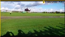 King Charles III and Queen Consort Camilla arrive by helicopter at Doncaster Racecourse