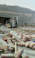 ÇİMENTO YÜKLÜ TIR DEVRİLDİ; YOL 2 SAAT SÜREYLE KAPANDI