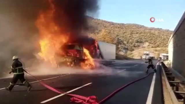 Bilecik'te kesilmiş tavuk yüklü tır alev alev yandı