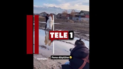 Fotoğraf çekilirken gelini kucağına alan damat çamura düştü!