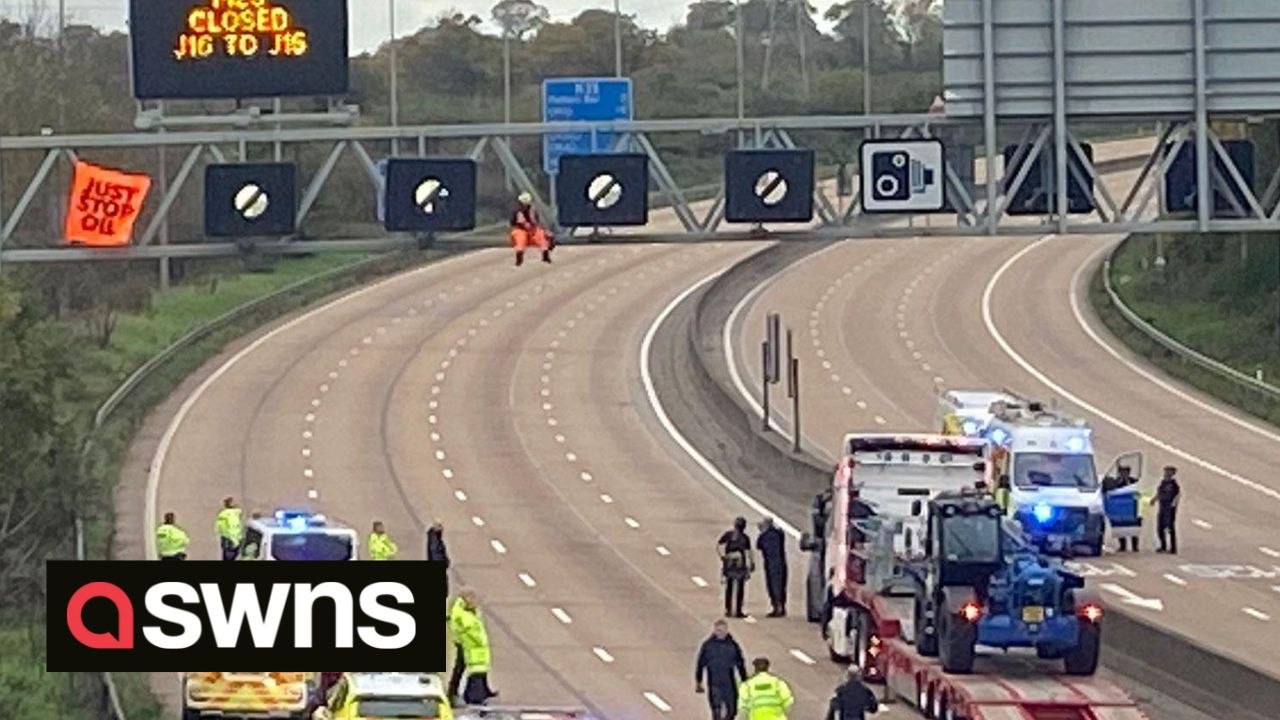 Moment police removed a Just Stop Oil protester from a gantry at junction 25 on the M25