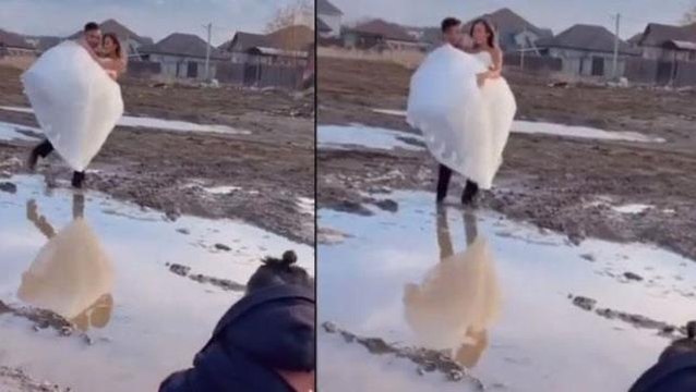 Düğün öncesi gelini kucağına almak isteyen damat, hayatının hatasını yaptı