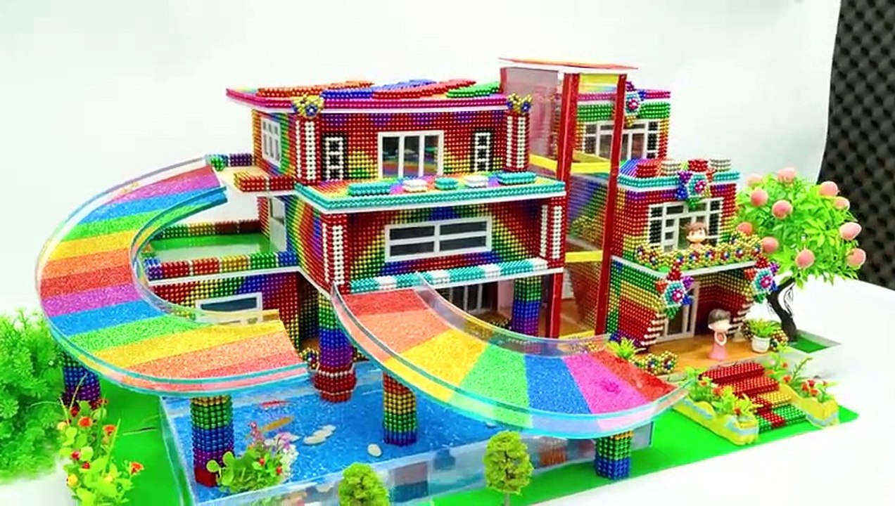 #Build Super Fun Double Water Slide With Summer Swimming Pool And Red Glass Elevator