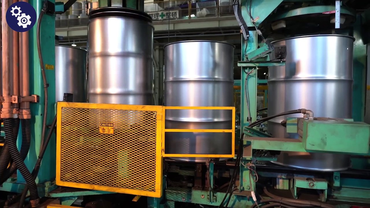 Process of making drum cans. Mass production plant in Japan