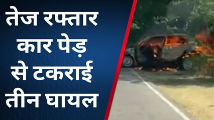 दतिया : देखिए दिल दहलाने वाली वीडियो, पेड़ से टकराते ही कार बनी आग का गोला