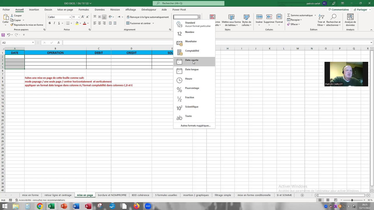Excel mise en page et date longue